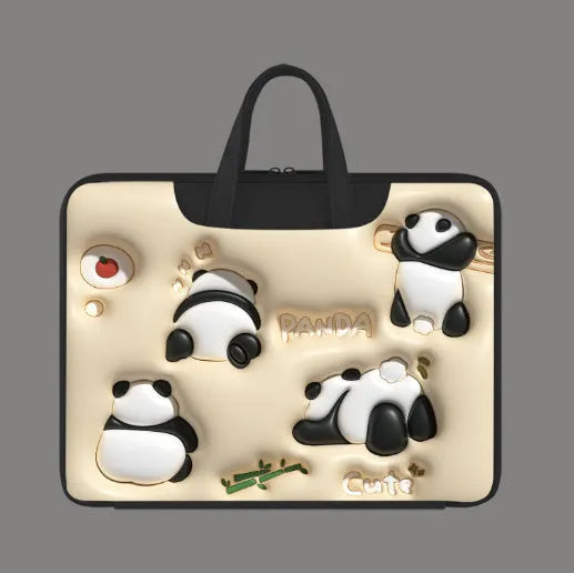 PU leather inflatable laptop bag with cartoon design, shown hanging from a suitcase handle.