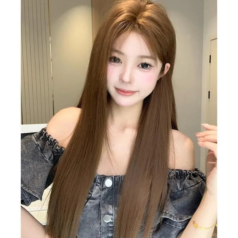 Warm brown long straight synthetic lace front wig with a centre part and side-swept bangs.