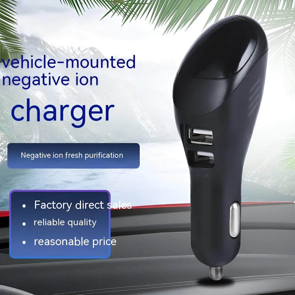 White car USB charger with built-in negative ion air purifier showing compact dimensions