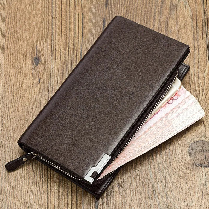 Men's long black PU leather wallet with a silver zipper closure.