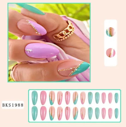 Four boxes of almond shaped nail stickers showing French colourful leaves, colourful plating, star flash macarons, and gradient leopard print designs