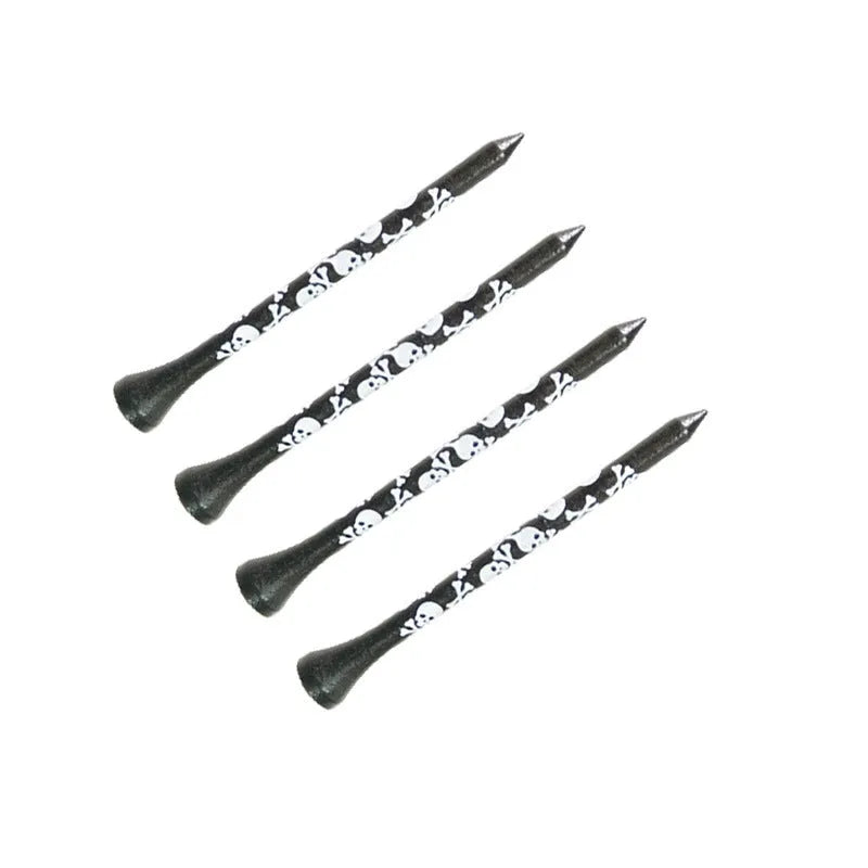Black bamboo golf tees with skull print design showing 70mm and 83mm lengths