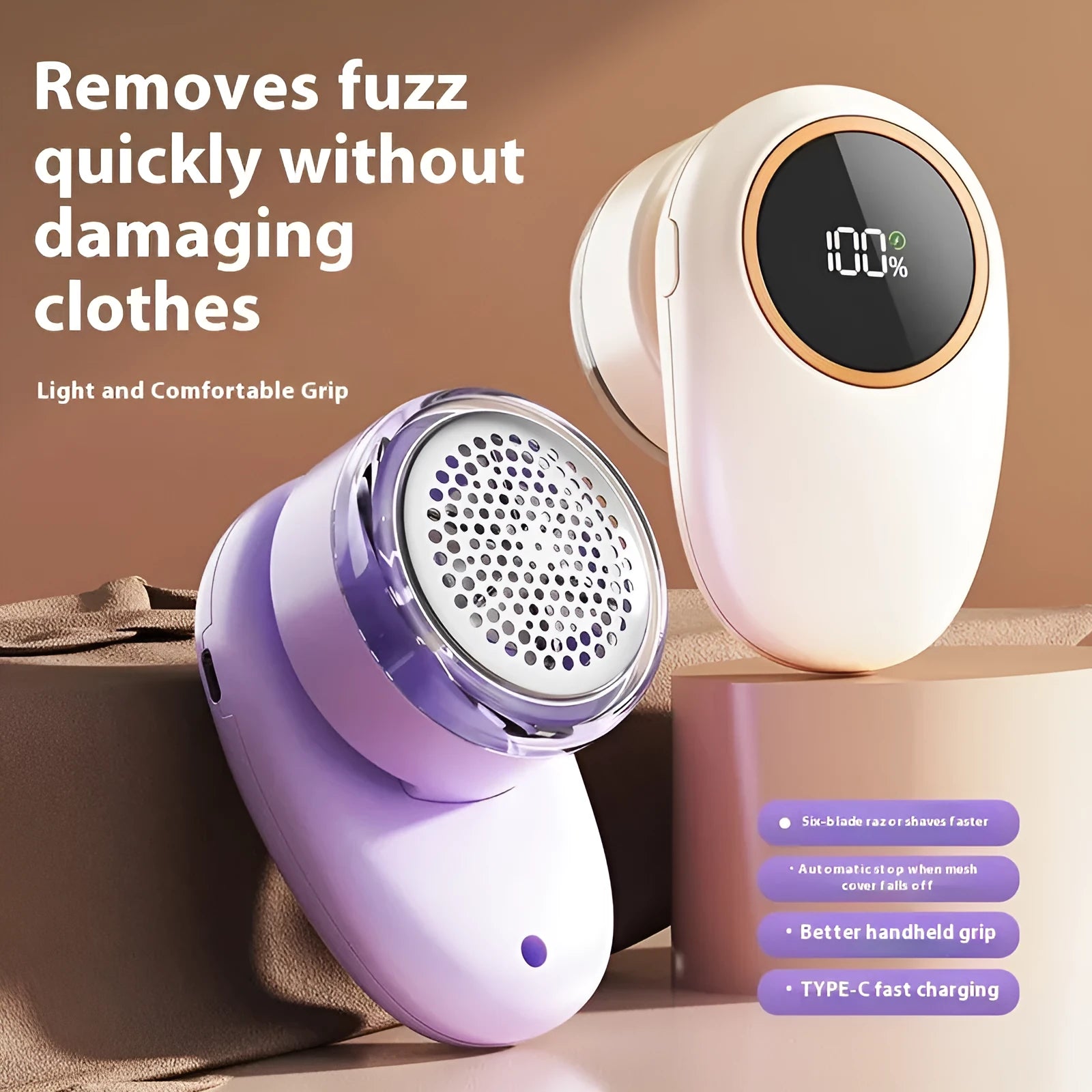 Beige and purple digital fur ball trimmer lint removers with one, two, three, and four cutter head options on a table.