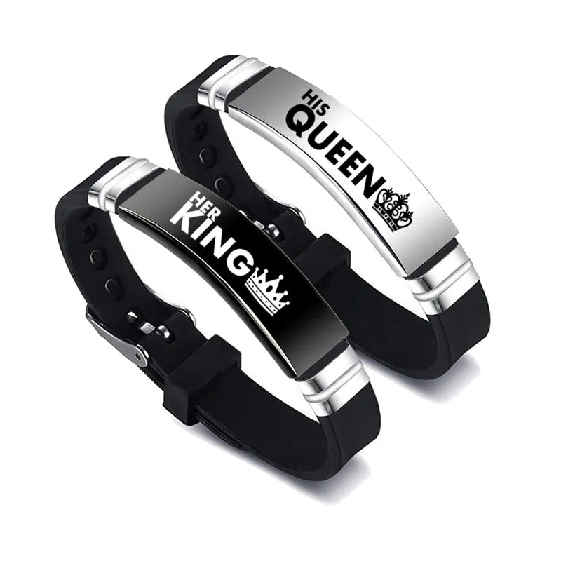 Black and silver couple bracelets with stainless steel crown and letter charm on adjustable silicone strap