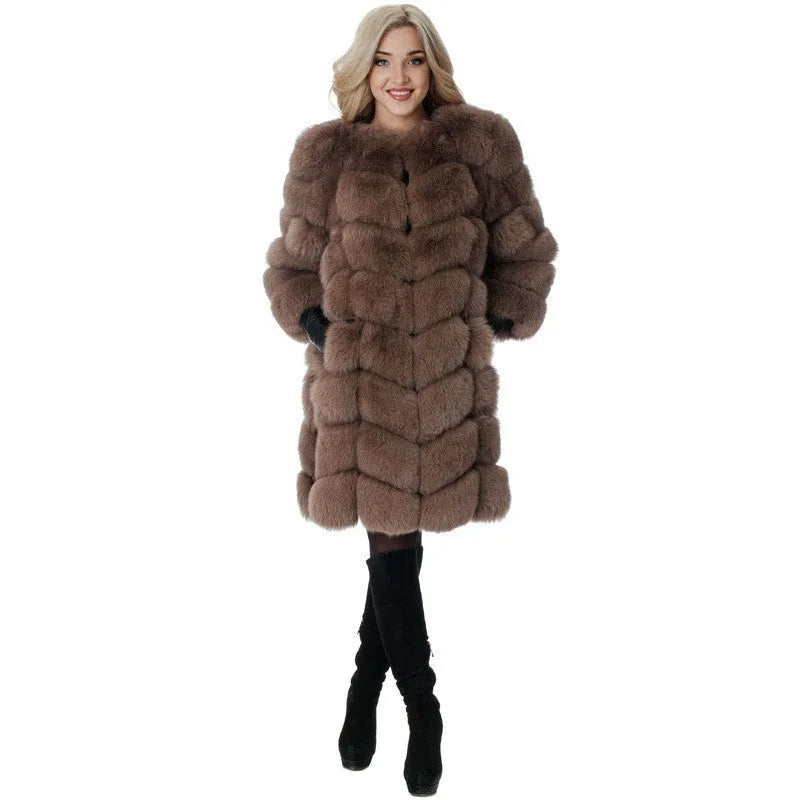Women's long artificial fur coat in multiple colours including black, camel, and wine red, showing 80 cm length.