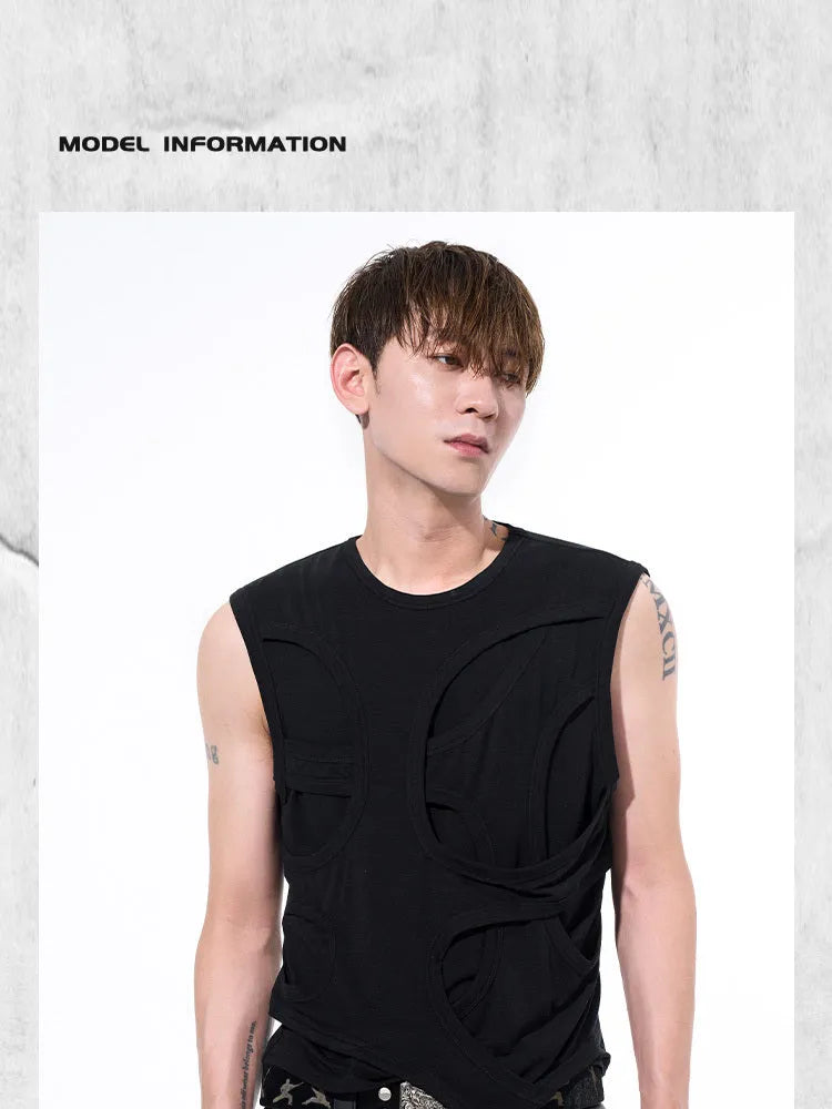 Men's solid black Lyocell tank top with round neck on a hanger.