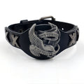 Black leather bracelet with geometric pattern and alloy eagle watch-buttom clasp