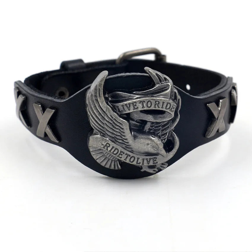 Black leather bracelet with geometric pattern and alloy eagle watch-buttom clasp