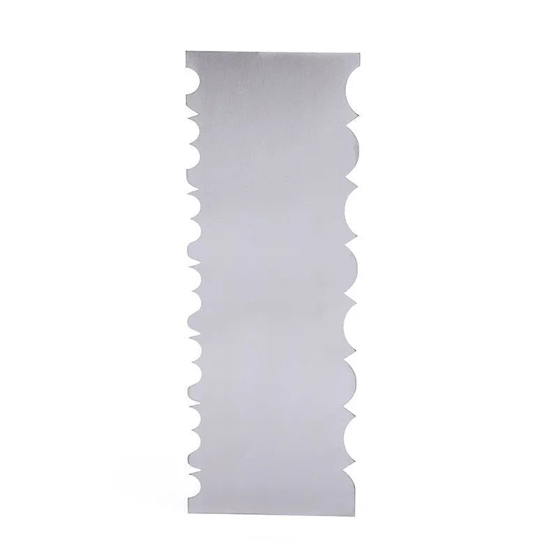 Stainless steel cake decorating scraper showing polygon pattern edge design