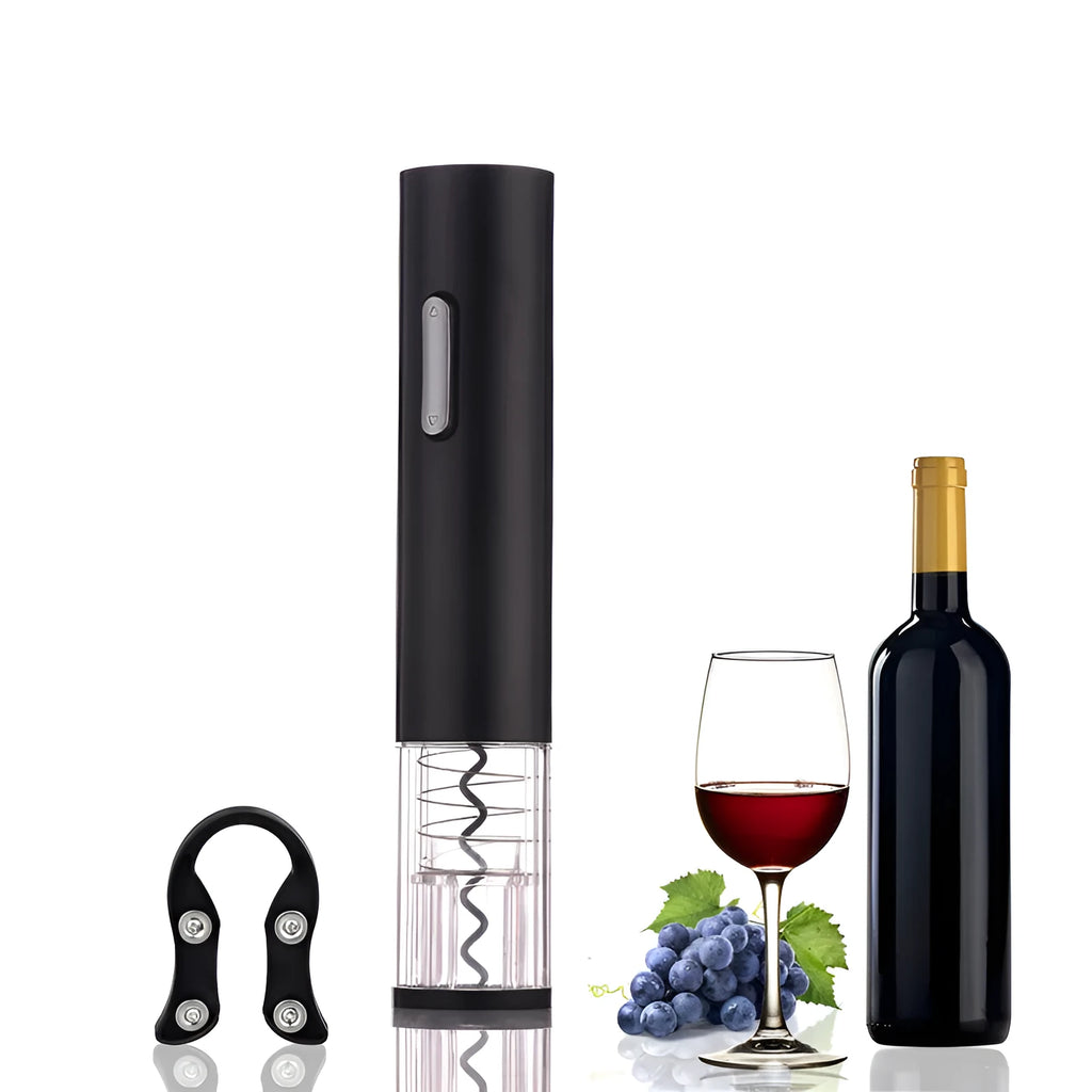 Automatic electric wine bottle opener with foil cutter in black, showing compact design and button operation