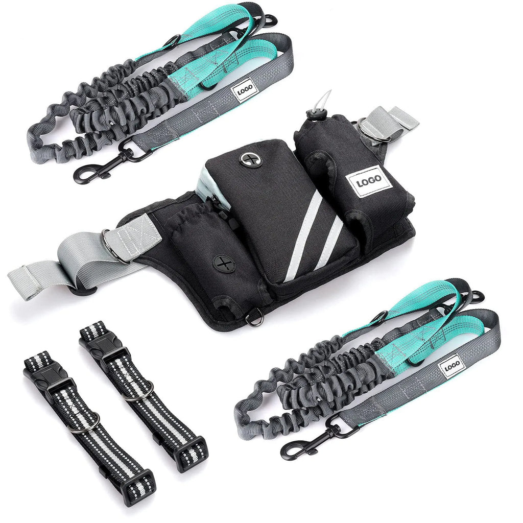 Black nylon pet training waist bag set with matching leash and collar for outdoor dog walking