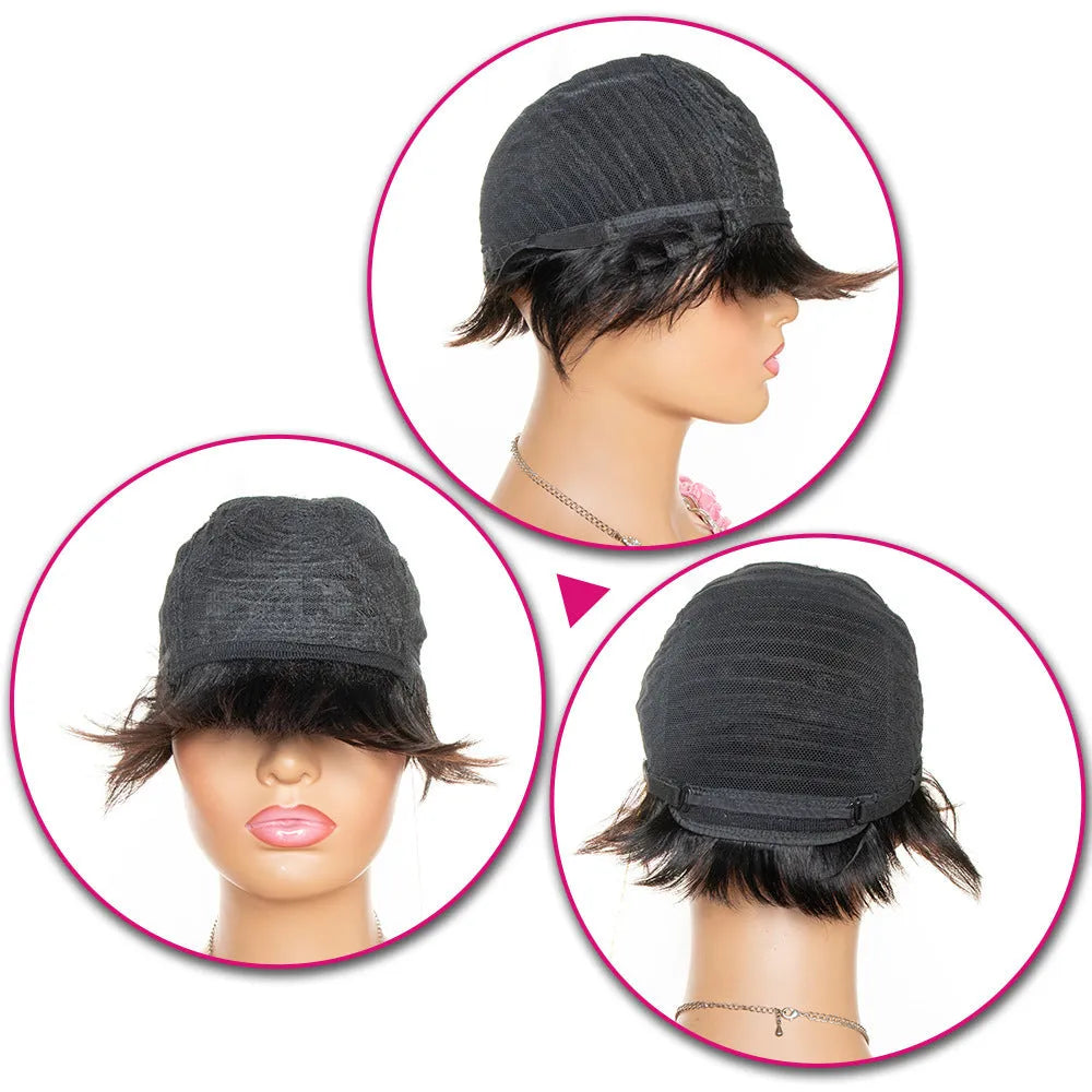 Short pixie cut human hair wig with bangs in black for women
