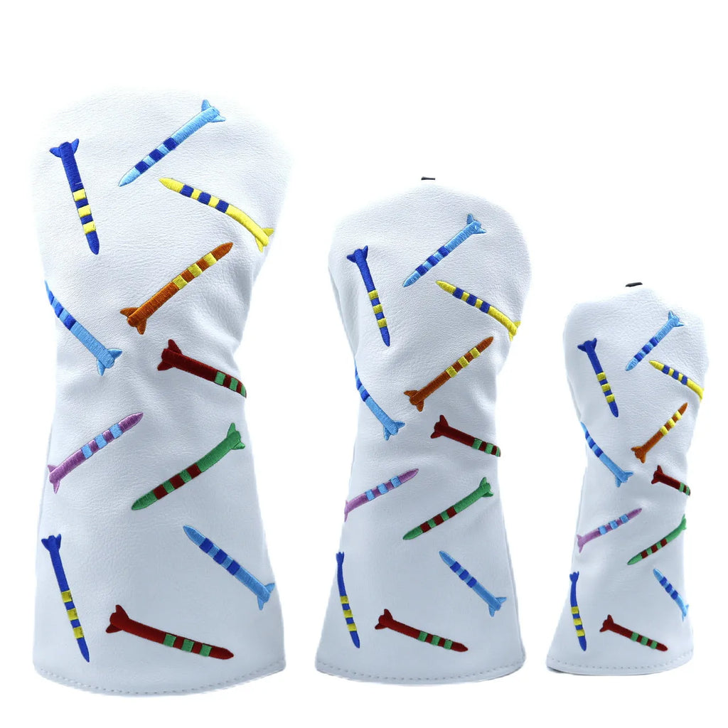 Black and white golf club wooden pole sets in three sizes: large, medium, and small.