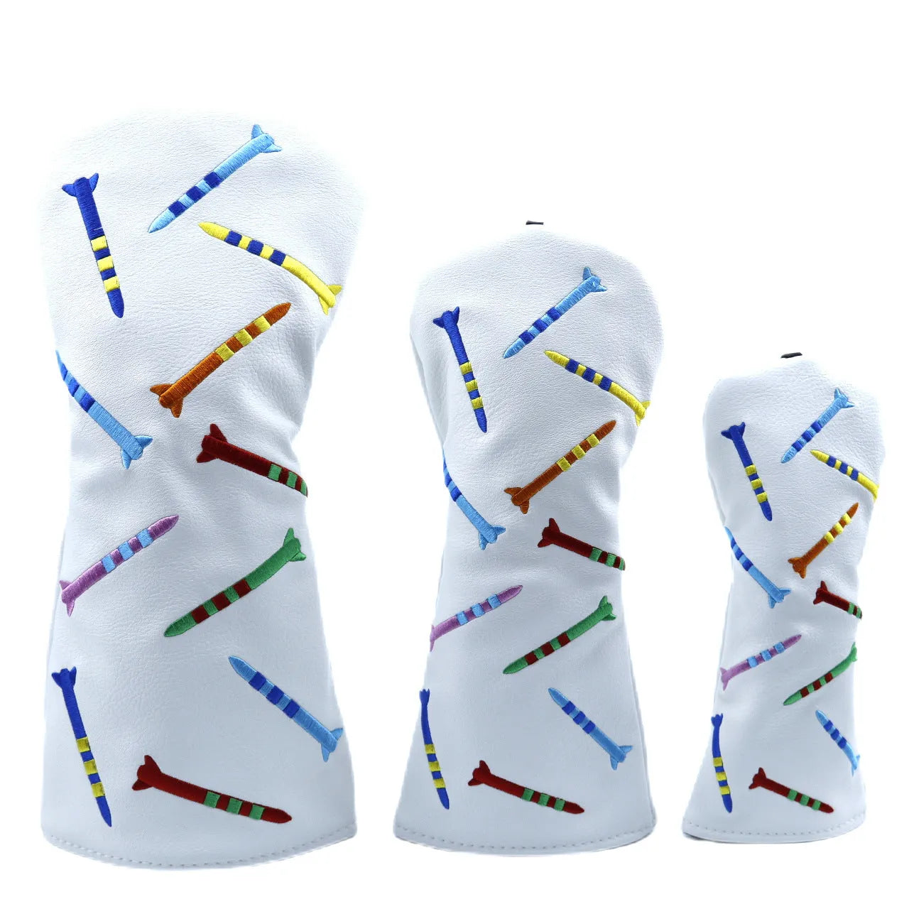 Black and white golf club wooden pole sets in three sizes: large, medium, and small.
