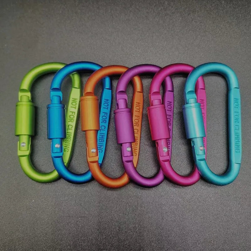 D-type aluminium carabiner with lock measuring 8cm in multiple colour options