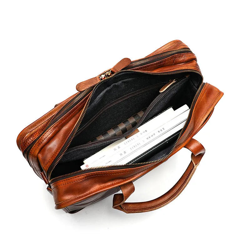 Men's vintage leather briefcase in horizontal square design with multiple internal compartments
