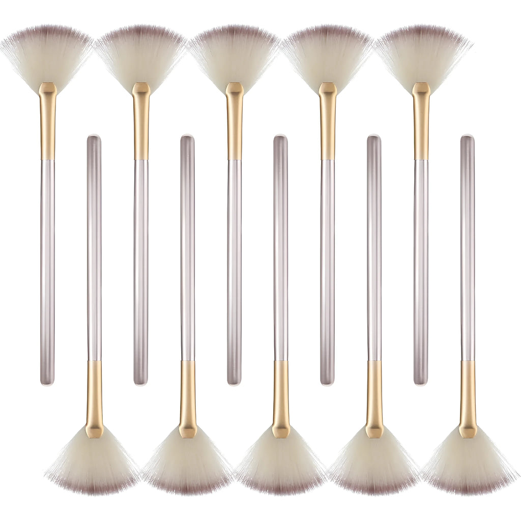 Ten champagne-finished acrylic handle facial fan brushes with protective covers
