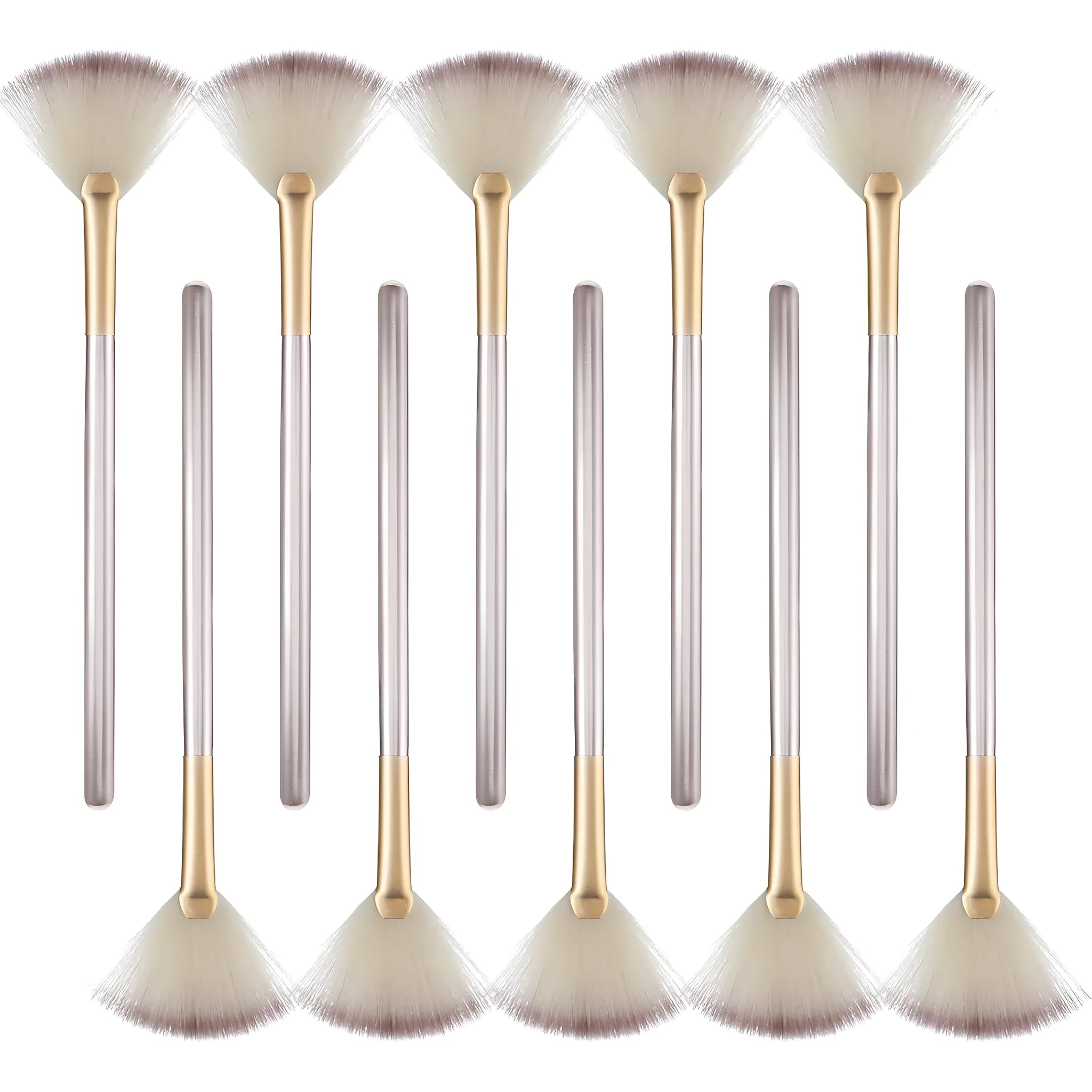 Ten champagne-finished acrylic handle facial fan brushes with protective covers