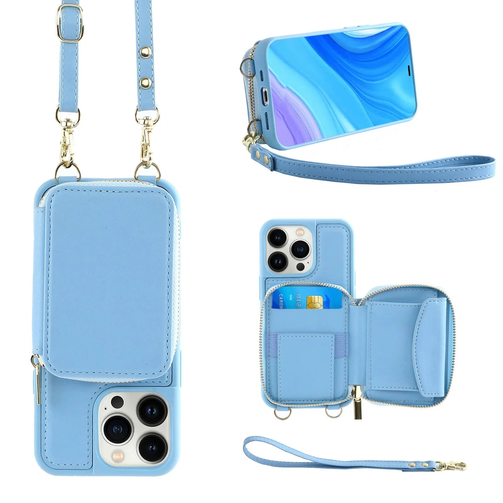 Crossbody wallet phone case for iPhone 14 Pro with black imitation leather, zippered card compartment, and detachable lanyard