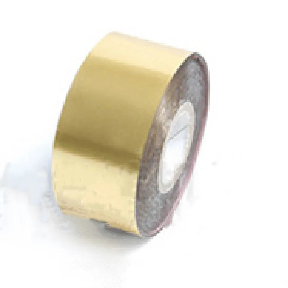 A roll of hot foil stamping paper showing metallic gold finish, with width options of 3cm and 5cm on a 120m long roll.