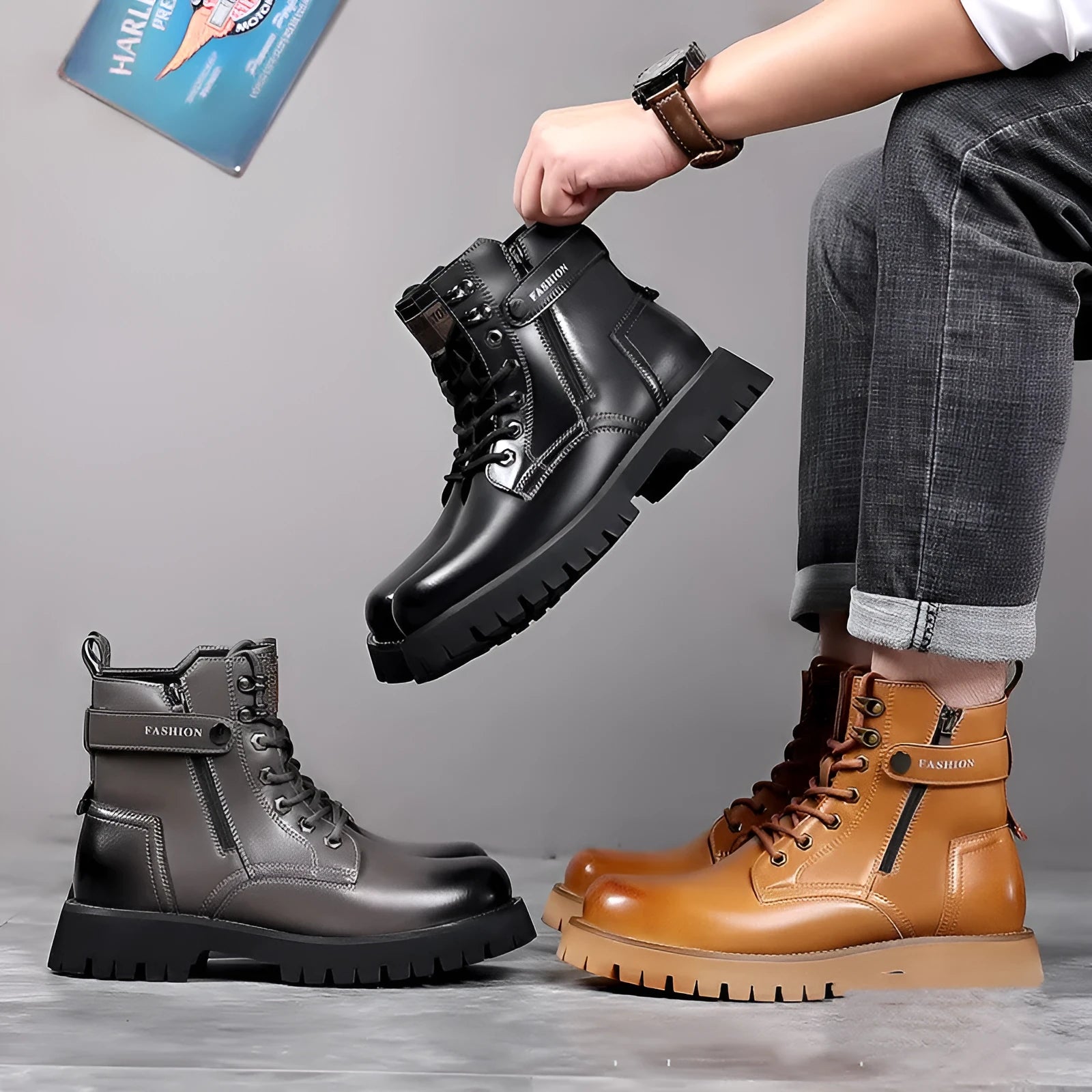 Men's light brown Martin boots with thick rubber sole and side zipper detail