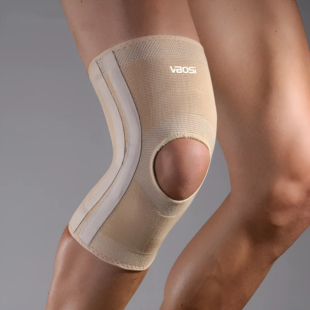 Nylon thick knee pad in skin colour on white background with M L XL size labels