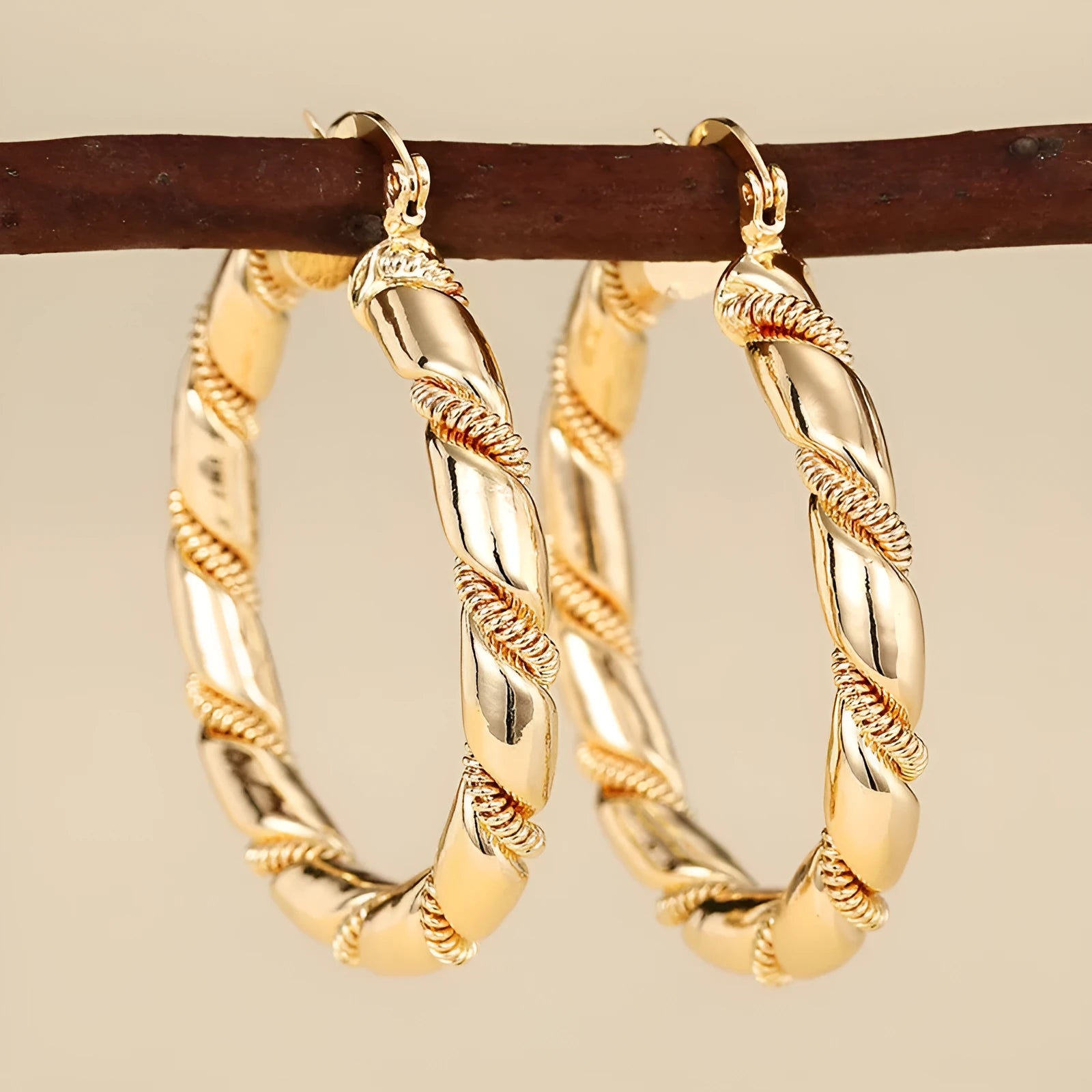 Copper geometric earrings for women in three golden colours with ring and line design elements