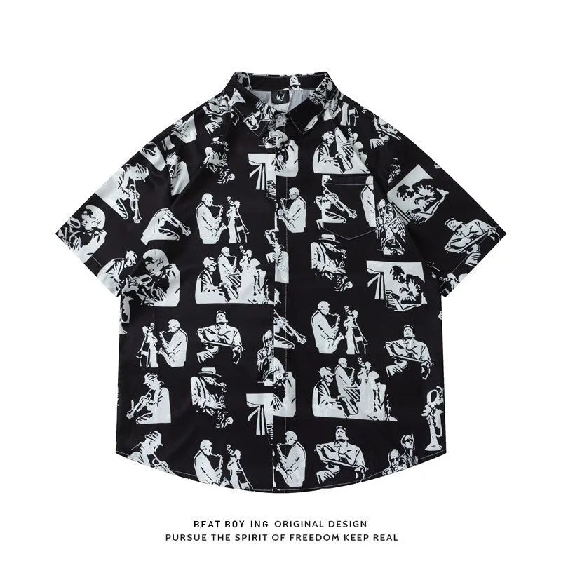 Loose fit short sleeve shirt with all-over floral print, cardigan style, in a polyester fabric.
