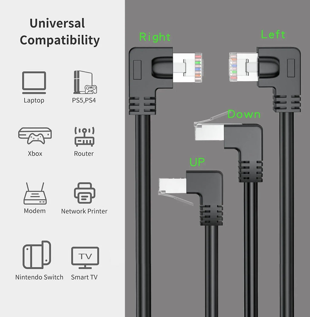 Right-angle Cat6 Ethernet cable with metal RJ45 connectors in various colours and lengths