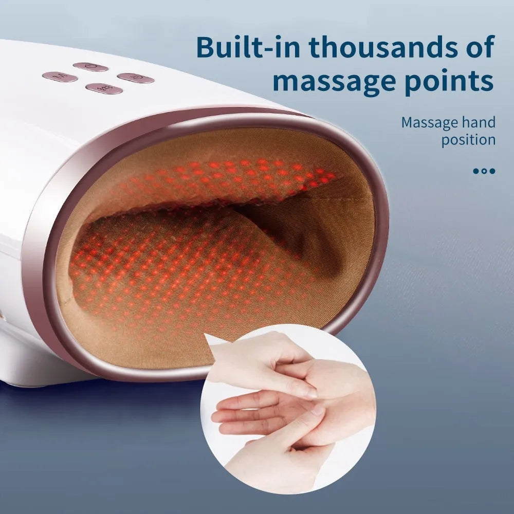 White portable hand massager with heat and air compression for hand pain relief, USB rechargeable design