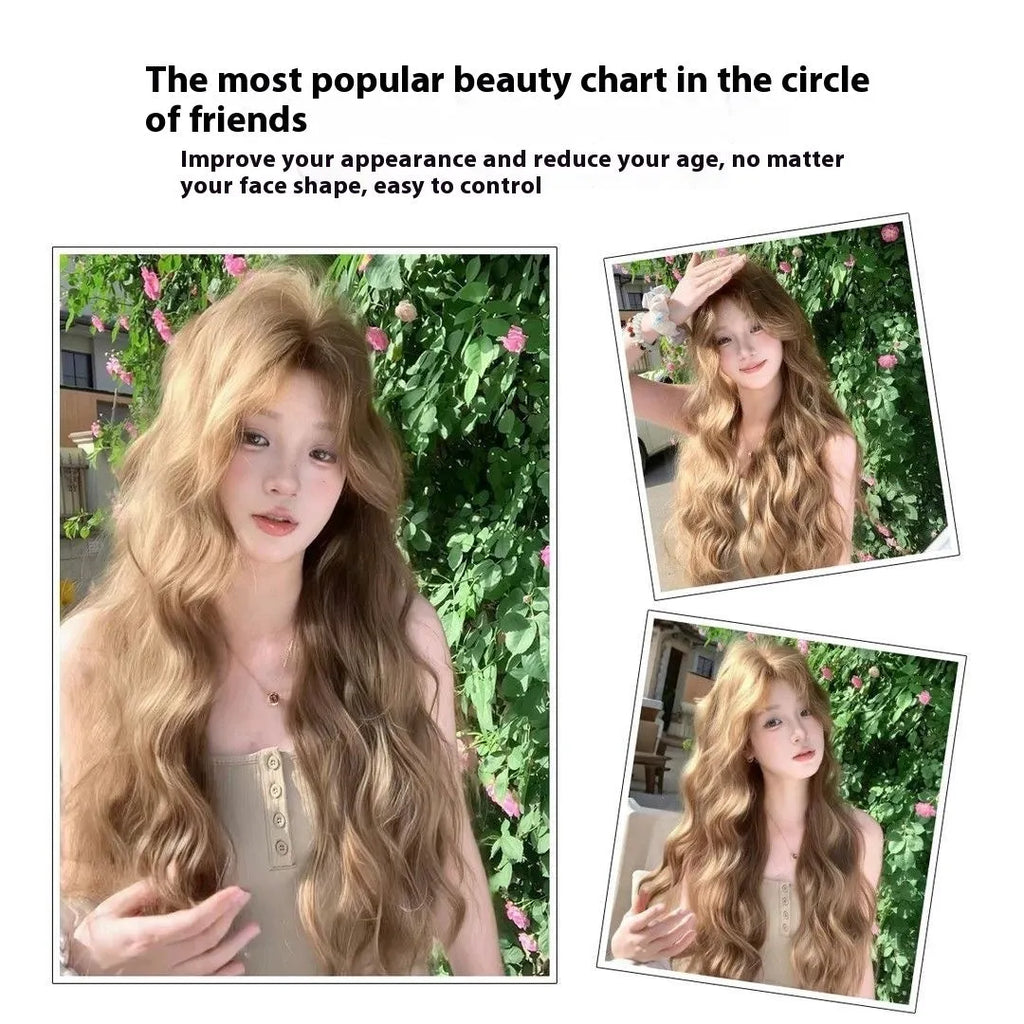 Linen brown medium long curly synthetic wig with hair net on display
