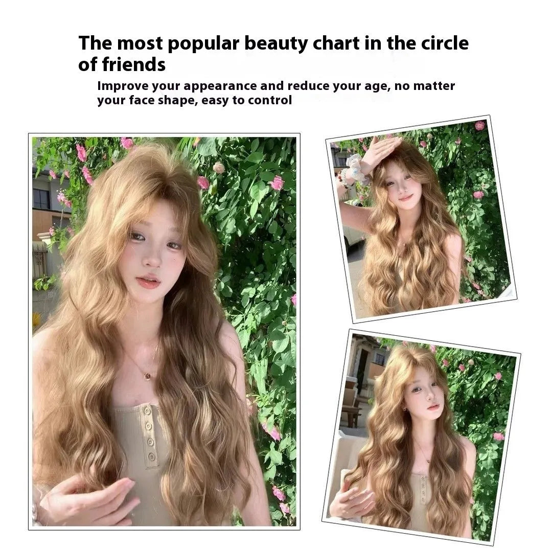 Linen brown medium long curly synthetic wig with hair net on display