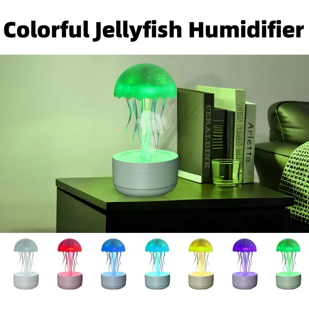White jellyfish-shaped humidifier and essential oil diffuser with colourful LED lights on a desktop