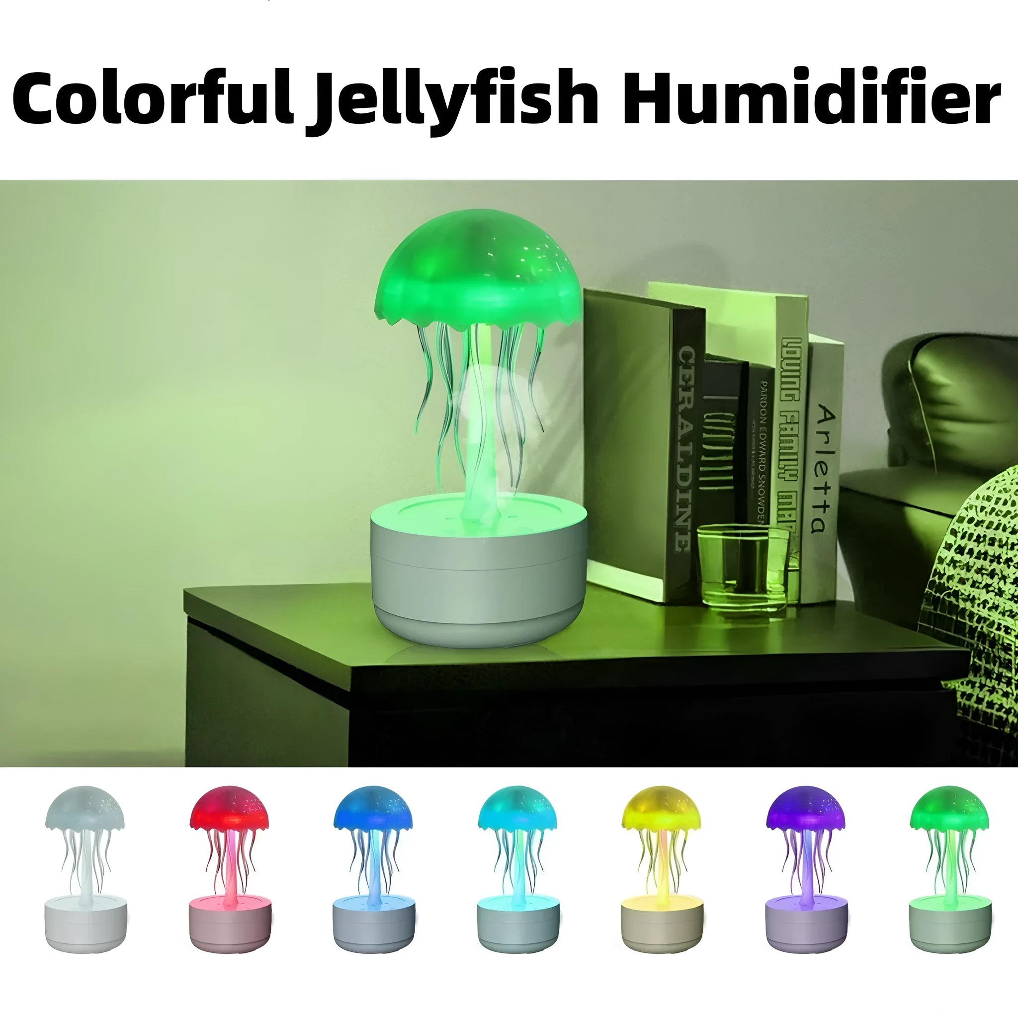 White jellyfish-shaped humidifier and essential oil diffuser with colourful LED lights on a desktop