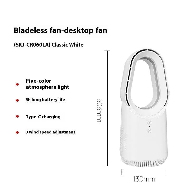 White SK bladeless tower fan with remote control on a desk