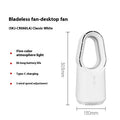 White SK bladeless tower fan with remote control on a desk