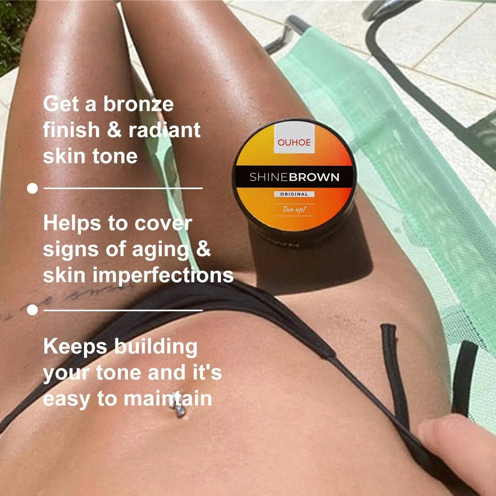 Aloe vera gel and tanning cream bottles for after-sun repair and natural tanning.