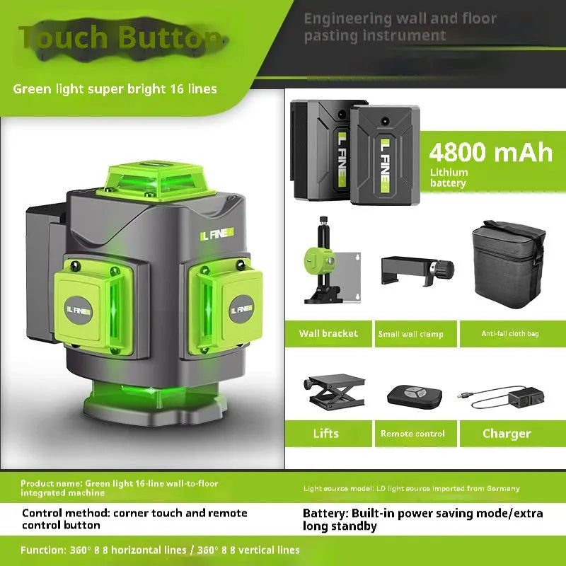 16-line 3D green laser level unit with aluminium and nylon construction showing compact dimensions