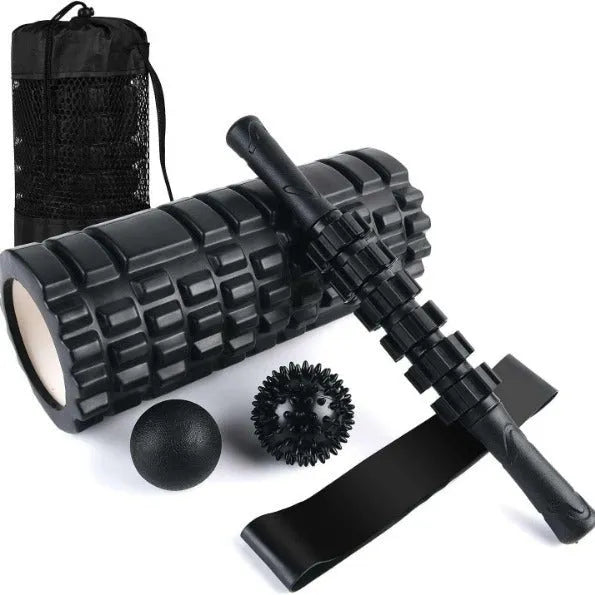Black foam roller massage bar showing six sections, 33cm long, for muscle therapy.