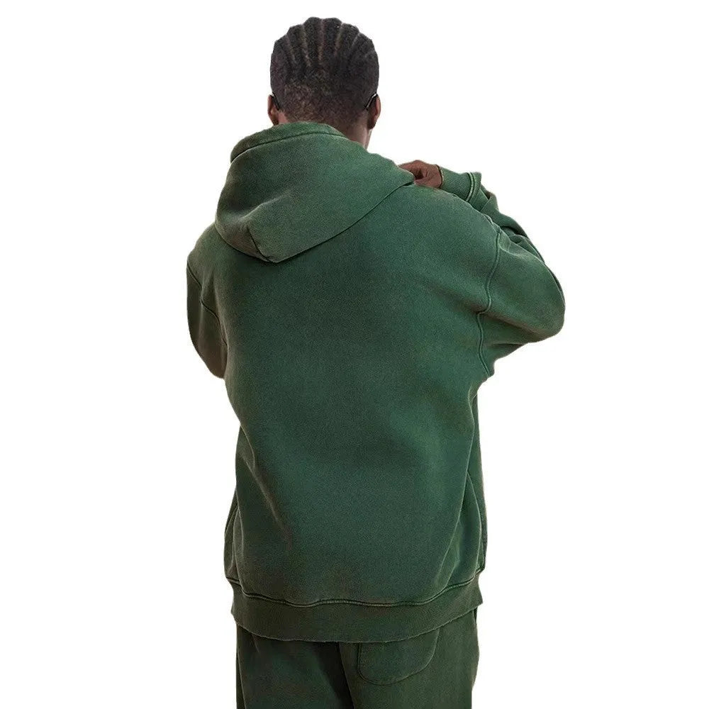 Men's washed cotton hooded cardigan with fleece lining and double zipper in vintage style