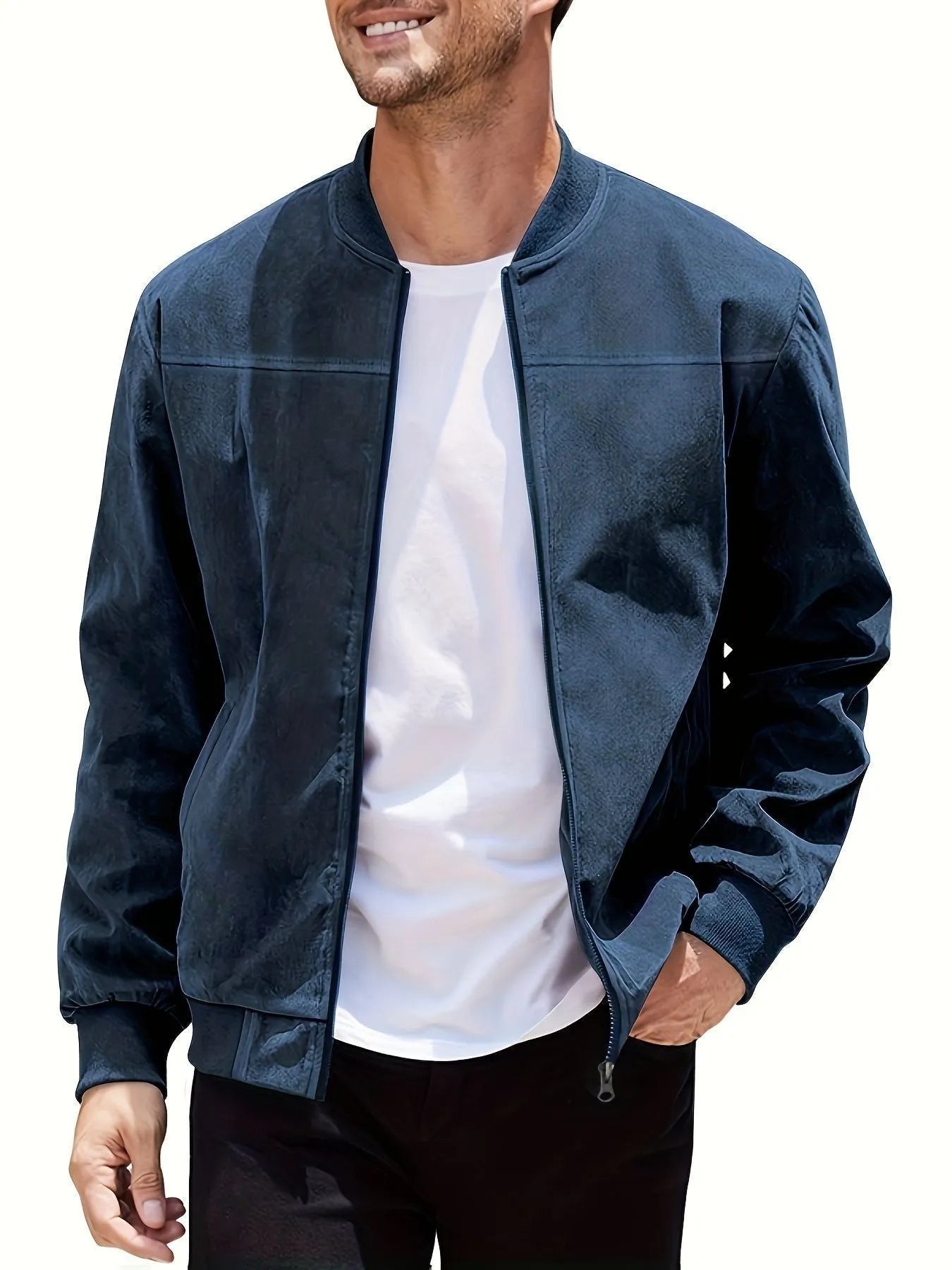 Men's plus size suede casual zipper jacket in Army Green colour