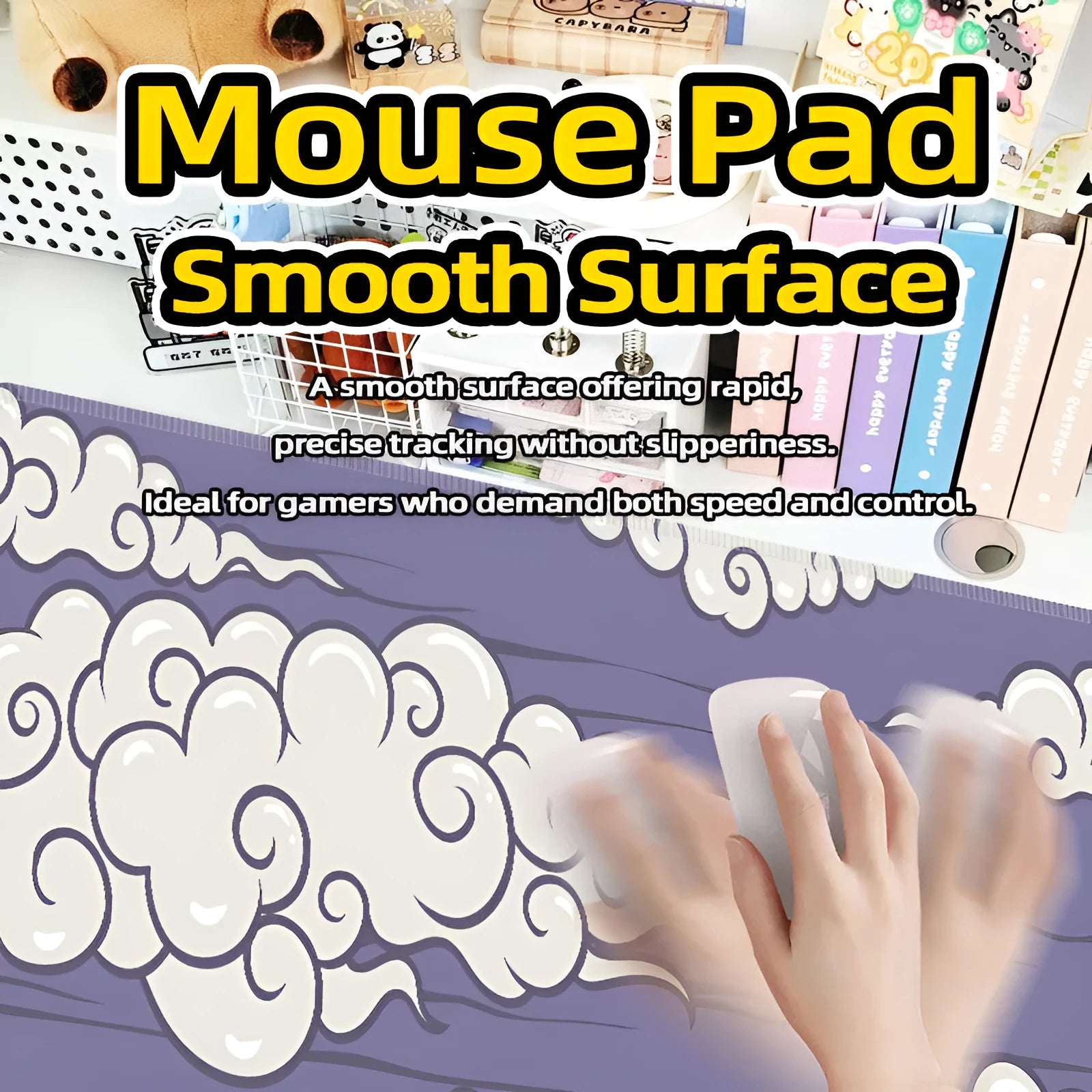 Large rectangular cloud pattern desk mat made of natural rubber on a wooden desk.