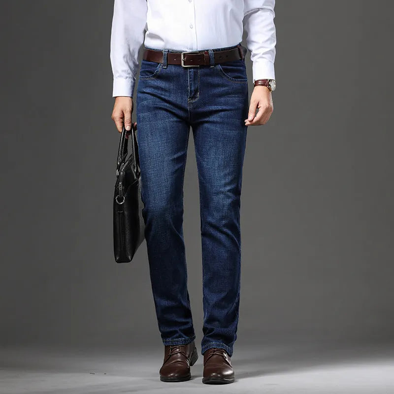 Men's black stretch jeans loose fit straight leg business casual trousers