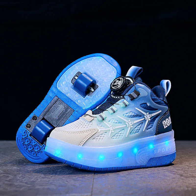 Blue children's roller skates with a flash stripe pattern and a large rotating adjustment knob on the side.