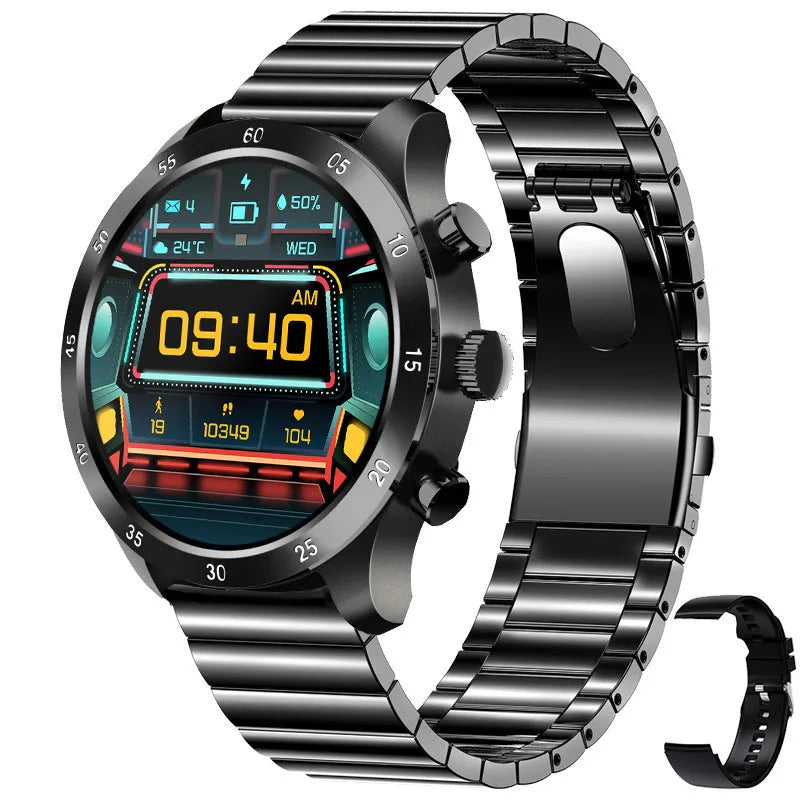 Smart watch with Bluetooth calling display showing music playback and health metrics