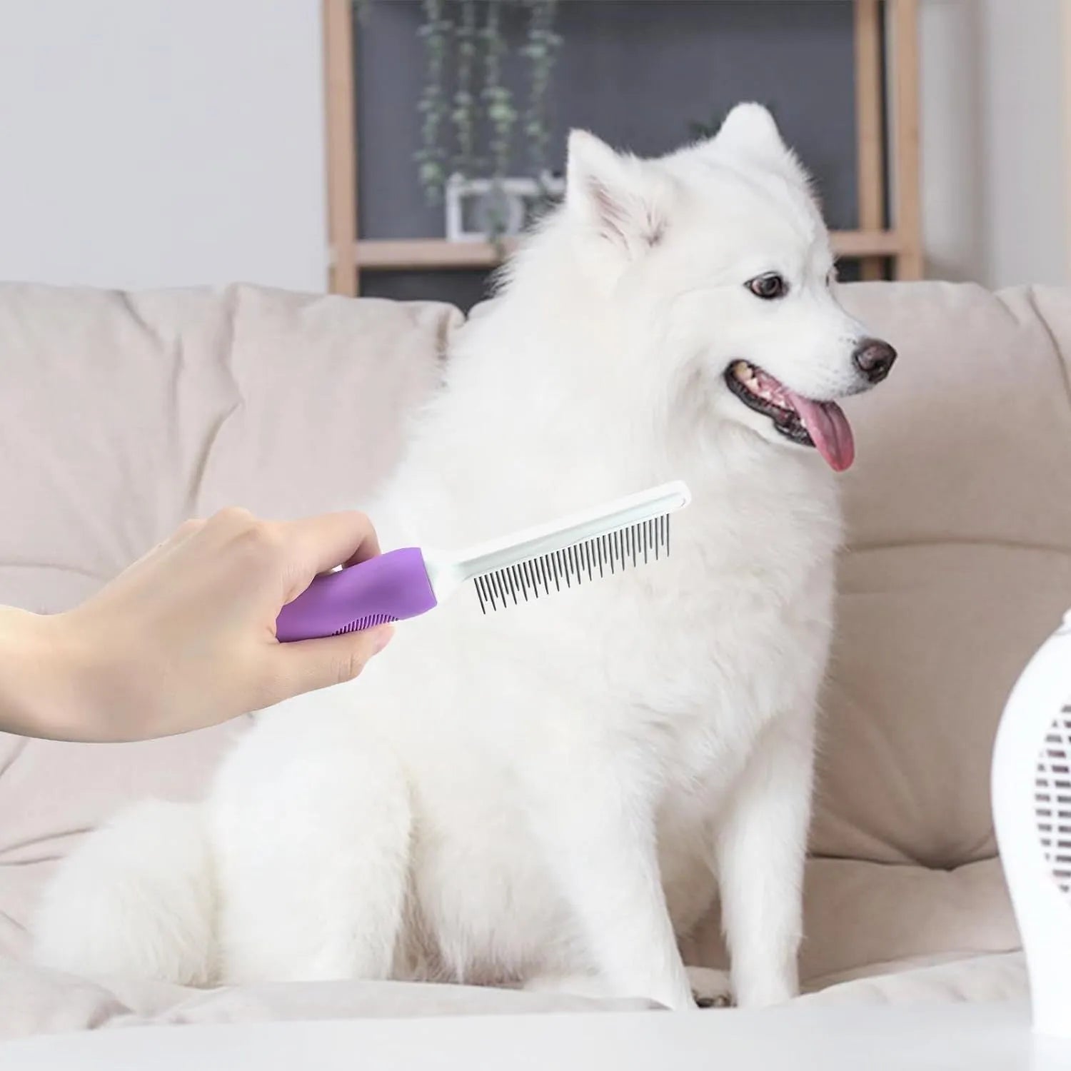 Purple pet grooming comb with stainless steel teeth for detangling dog and cat hair