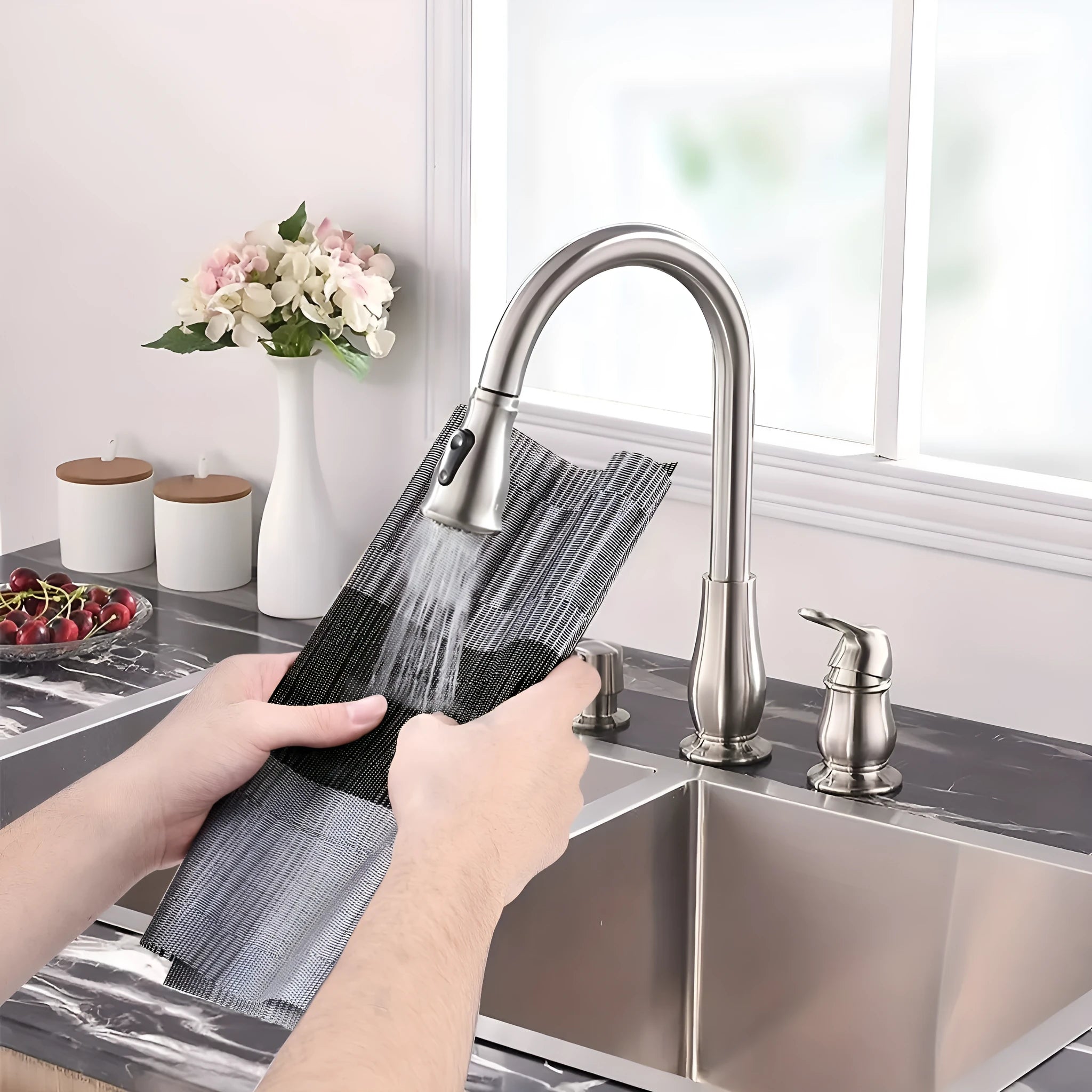 Modern PVC kitchen sink mat in a gradient bamboo colour on a countertop, showing its non-slip texture and size.