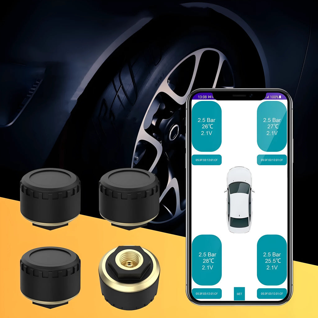 Four black Bluetooth tyre pressure monitors for car with mobile phone display showing pressure readings