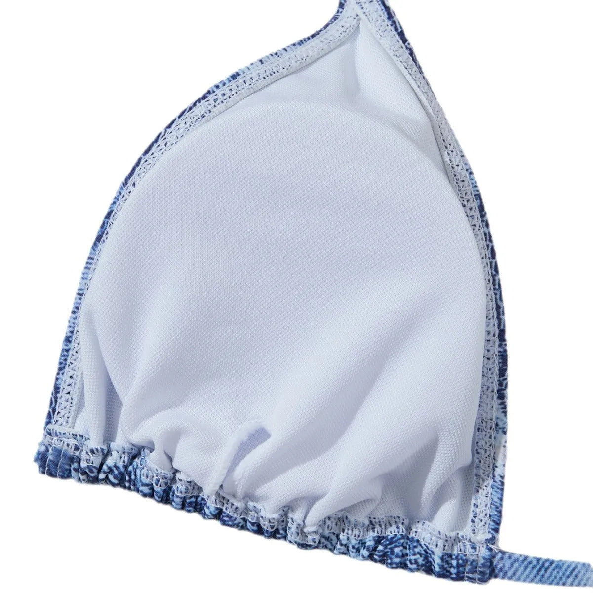 Women's blue denim print strappy bikini set, two-piece swimsuit on a white background.