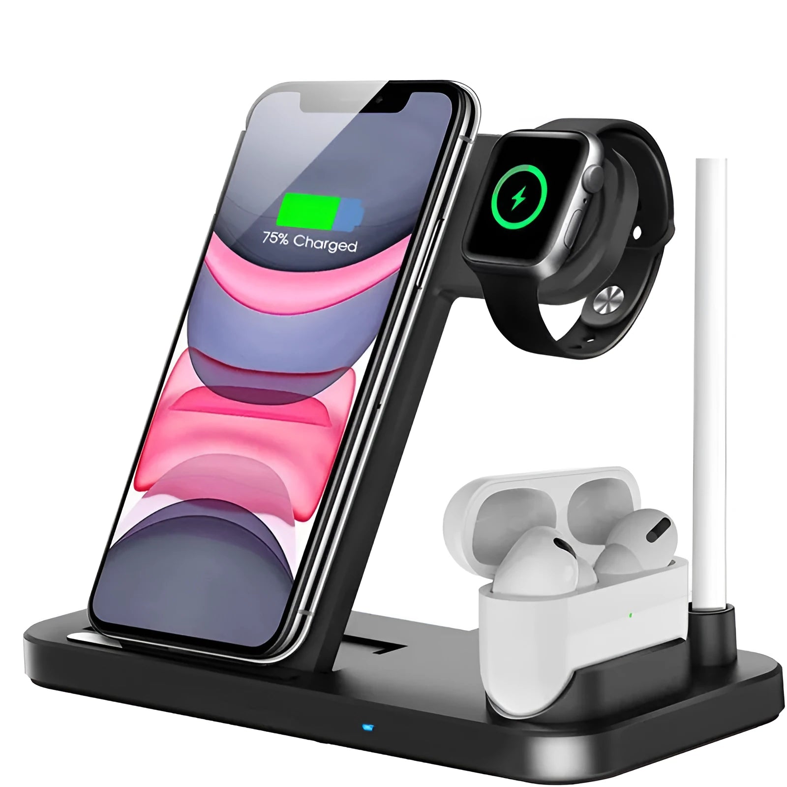 Folding 4-in-1 wireless charger in space grey colour showing vertical phone charging and Apple Pen slot